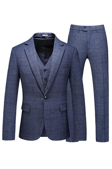 Men's Dark Blue Plaid Notched Lapel 3 Pieces Prom Suits